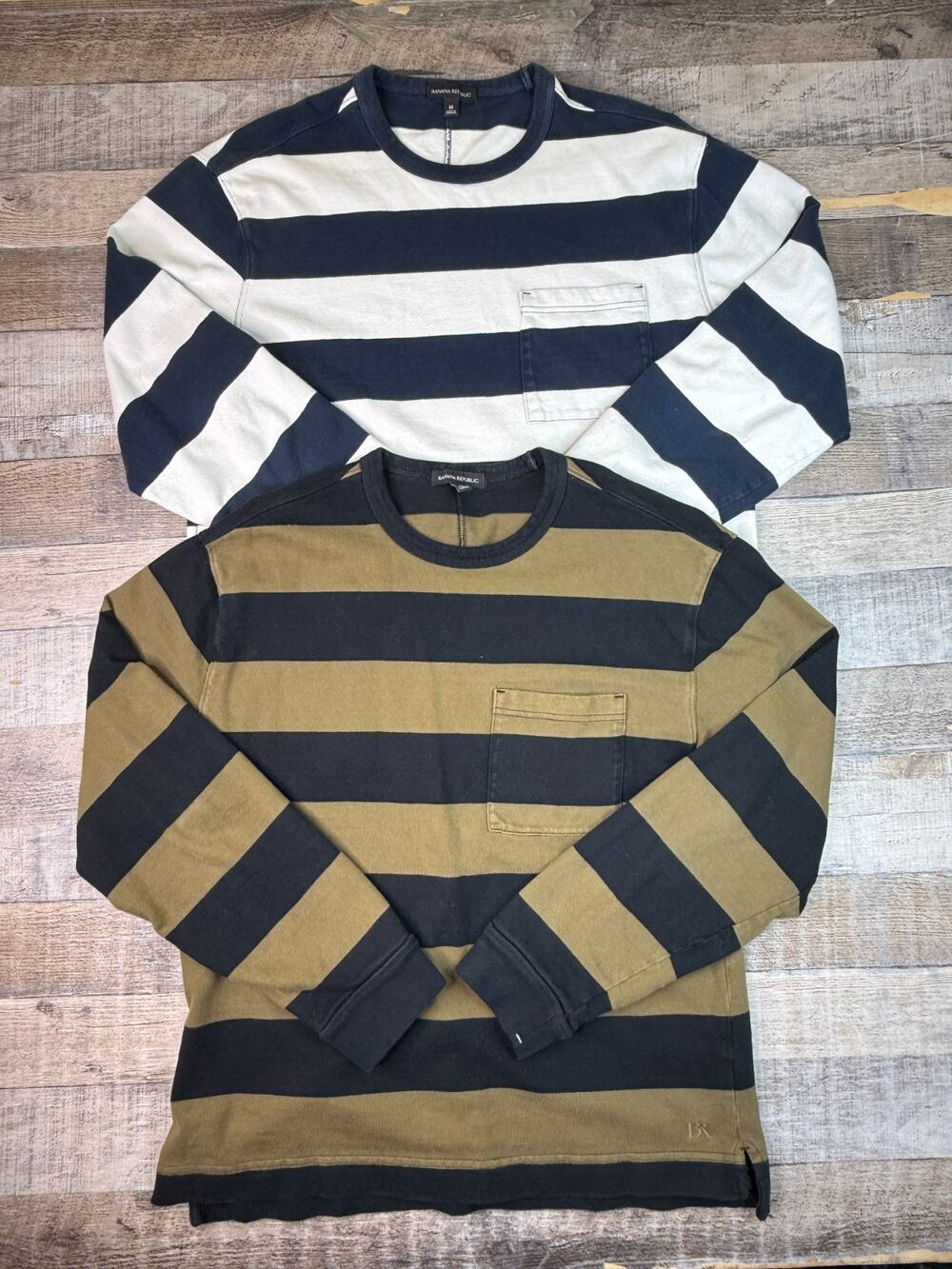 Lot of 2 Banana Republic Sweaters Mens M Striped Heavy Jersey Cotton Crewneck